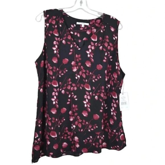 NWT Alfred Sung Floral Tank Top Black Red Sleeveless V-Neck Size XL - Picture 1 of 11